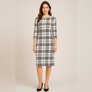 TACERA Black White Plaid Textured Midi Dress L Stretch 3/4 Sleeve Knit NWT